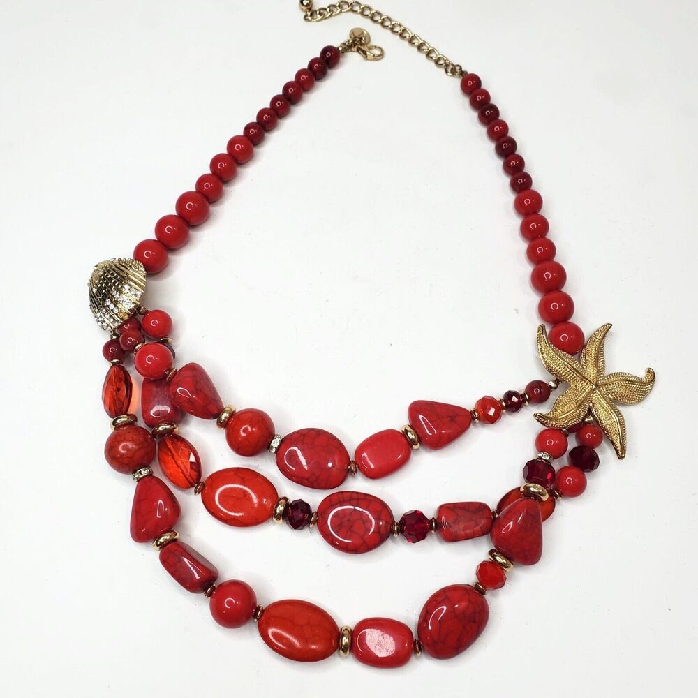 Talbots Seashell & Starfish Rhinestone Red Bead Beach Theme Nautical Necklace 22
